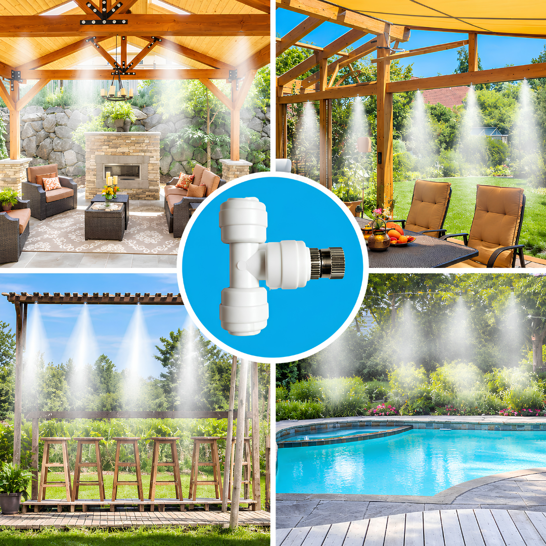 0.2mm ceramic misting nozzle with 1/4-inch T compression fitting for RO tubing, patio cooling, greenhouse humidification and misting systems