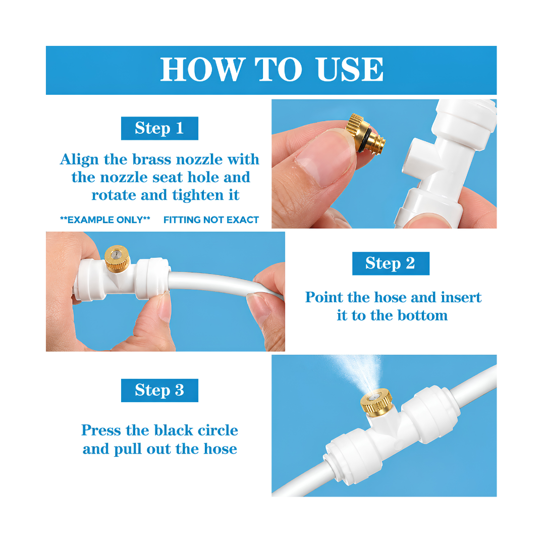 0.2mm ceramic misting nozzle with 1/4-inch T compression fitting for RO tubing, patio cooling, greenhouse humidification and misting systems
