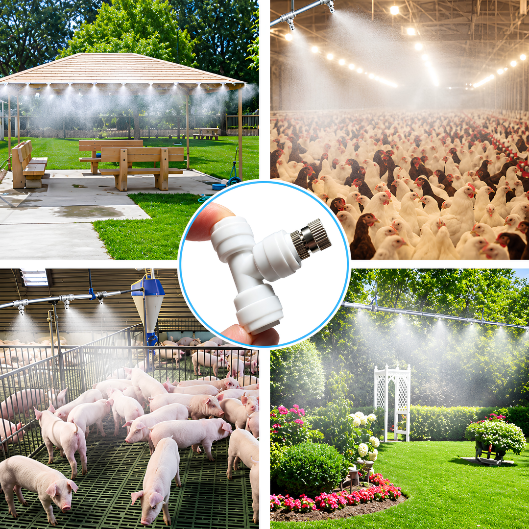 0.2mm ceramic misting nozzle with 1/4-inch T compression fitting for RO tubing, patio cooling, greenhouse humidification and misting systems