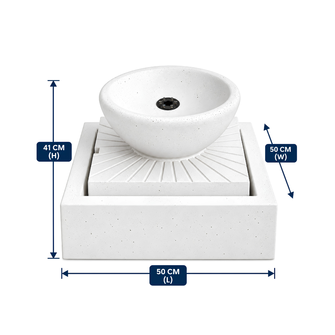 Modern Bowl Water Feature with Square Base, bubbling water, stone-look finish, ideal for indoor and outdoor spaces.