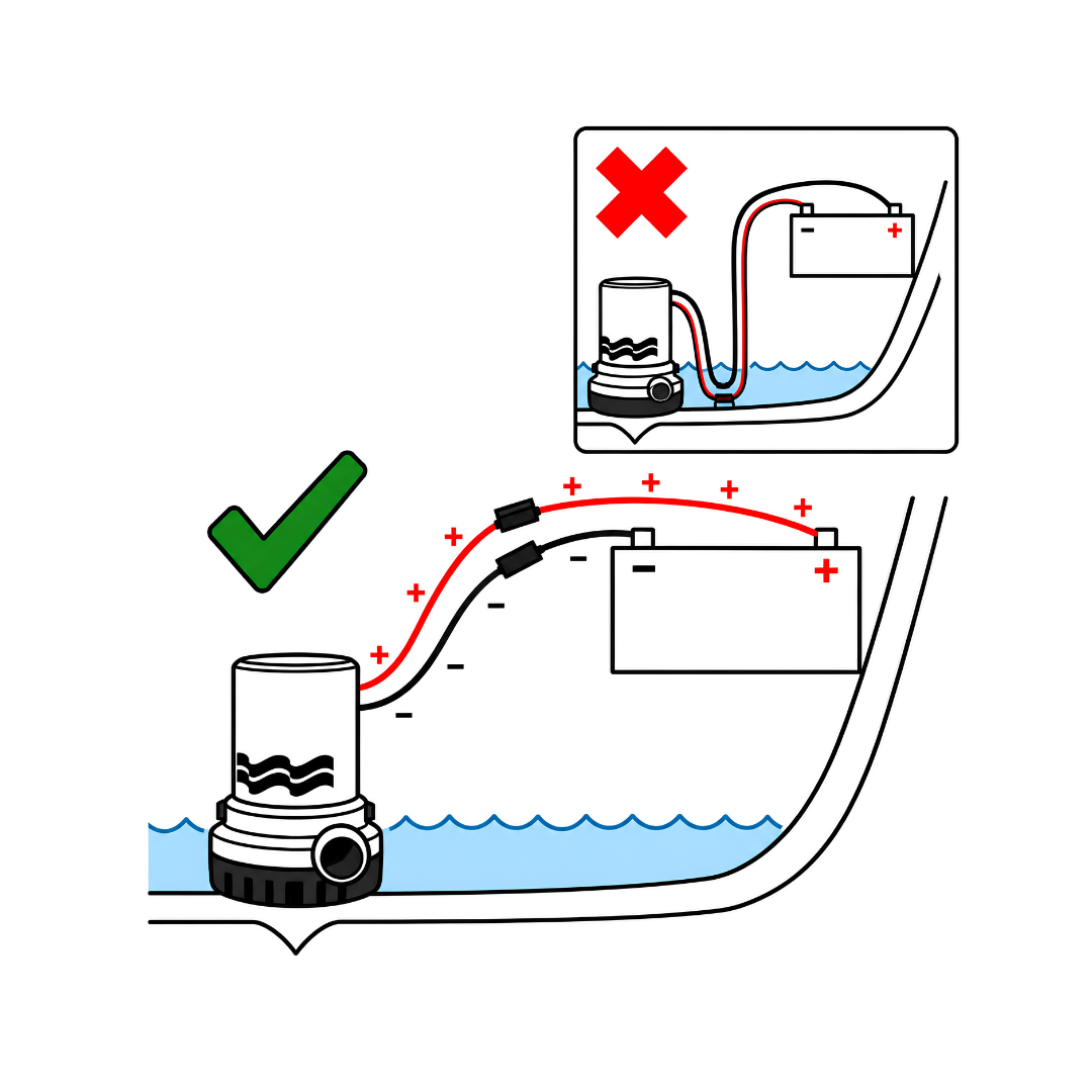 Non-automatic fully submersible 12V DC bilge pump with 2000L/h maximum flow, 3.8m head and 20mm outlet for boat and marine drainage