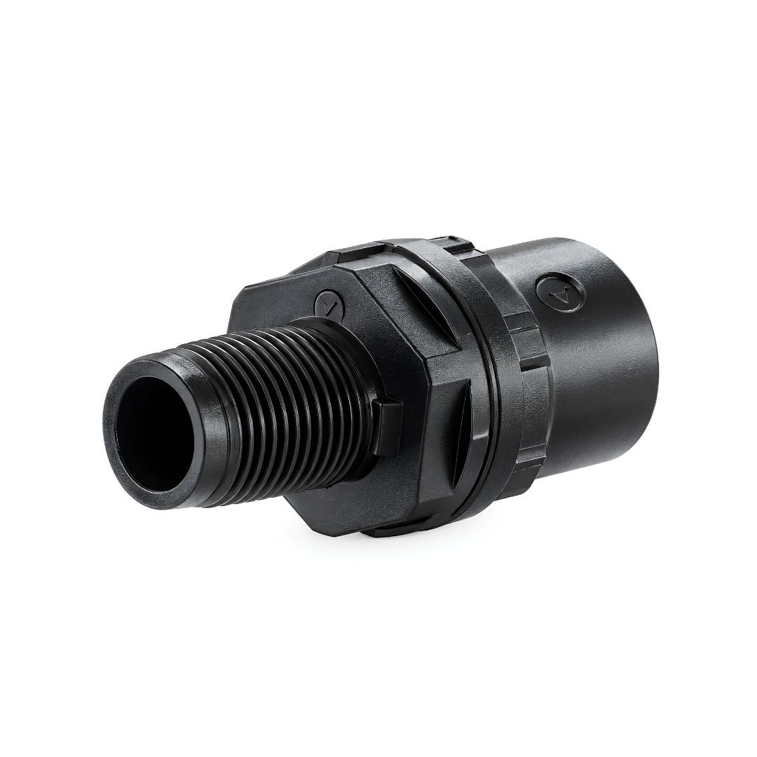 Black nylon water tank connector with threaded connection and locking nut for water tanks, irrigation and rainwater harvesting systems