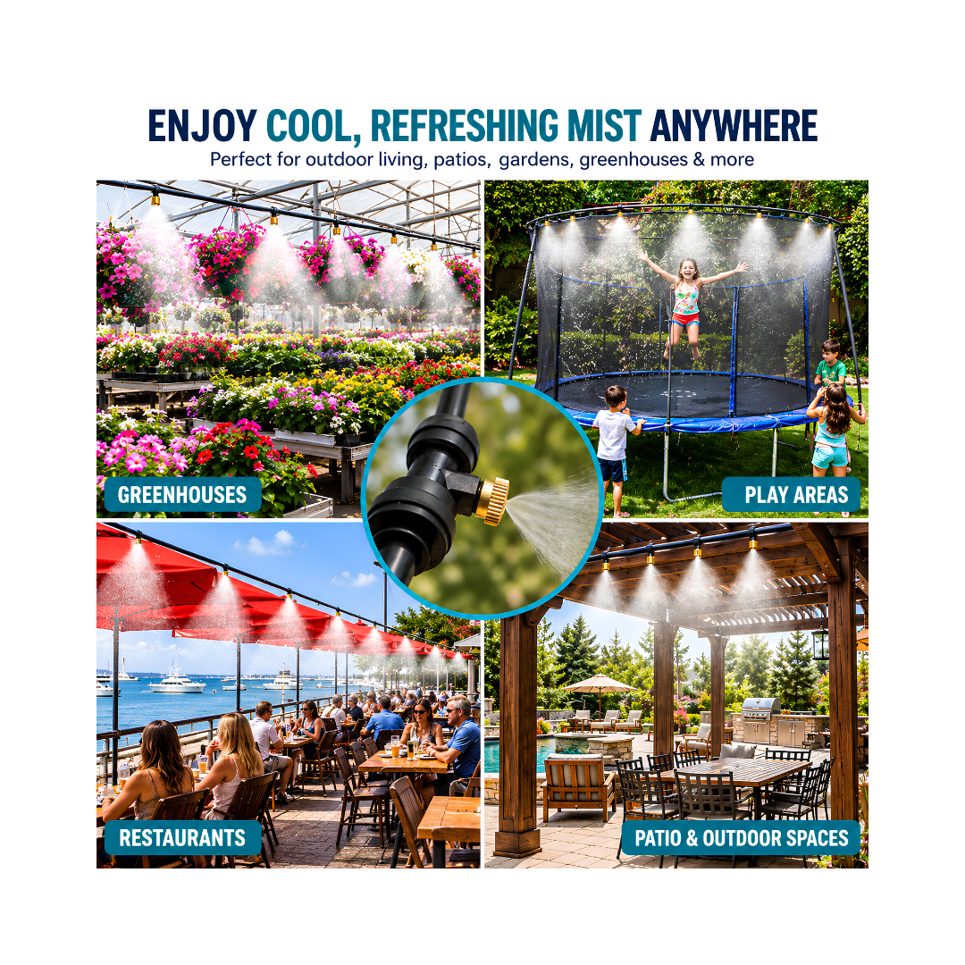 Outdoor Spray Misting Pump Kit with 12V 60W pump, digital timer, transformer, 15m misting tubing and 26 ceramic/plastic misting nozzles for patio, garden, greenhouse and outdoor cooling.