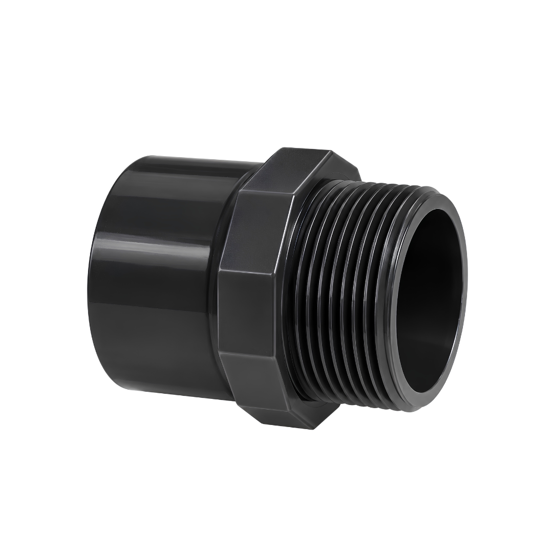 PVC male adaptor with 50mm socket and 1½ inch male thread for pool plumbing, pumps, filters and water systems
