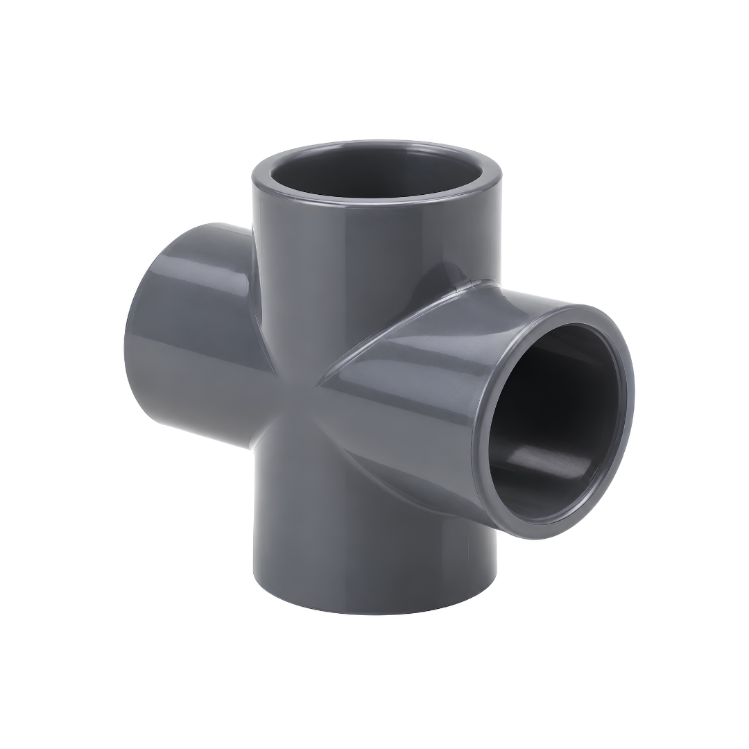 Grey PVC cross 4-way pipe fitting PN10 for irrigation and water systems, available in 20mm to 110mm sizes