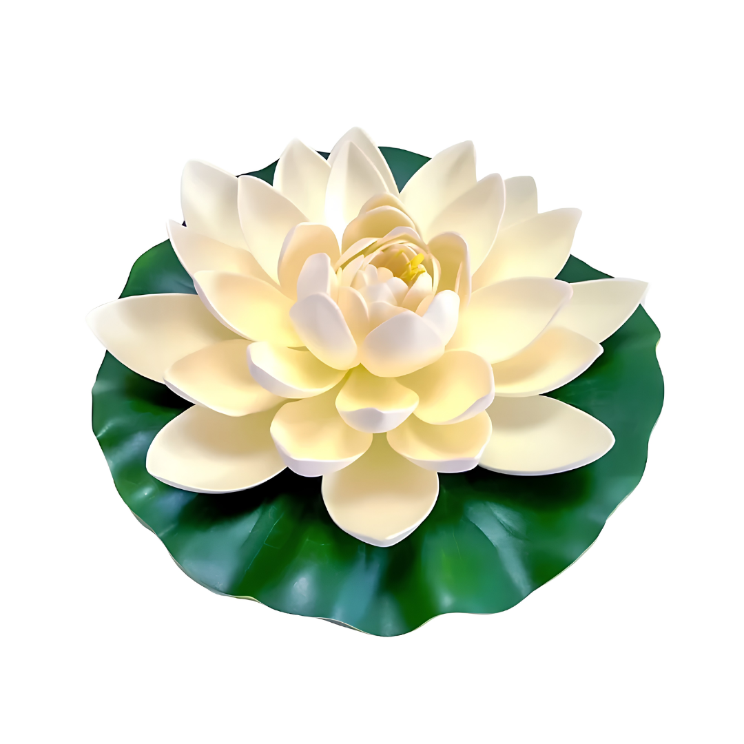 Artificial floating water lily set with small, medium and large lotus-style pond flowers for decorating ponds, pools and garden water features