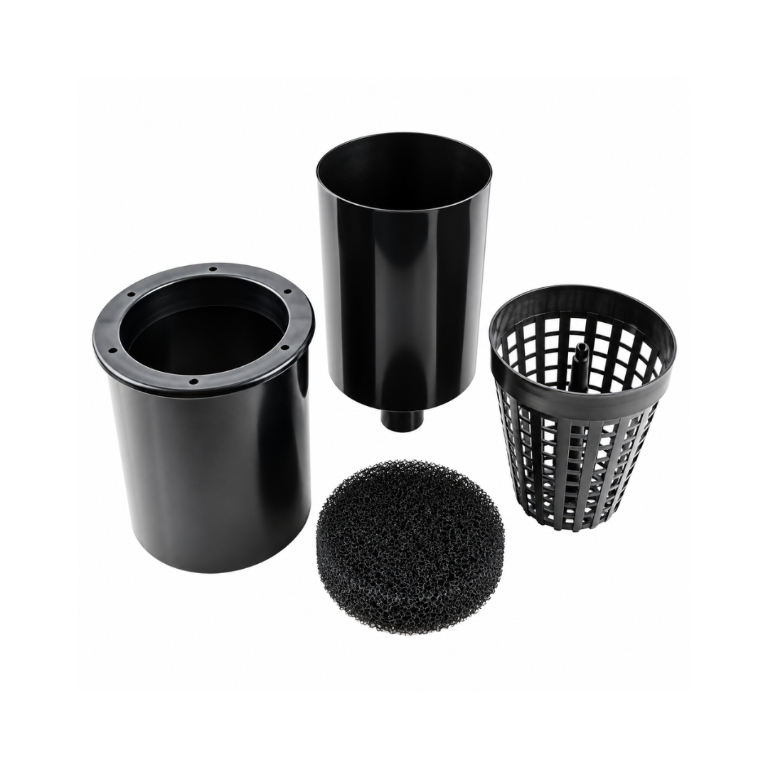 Mechanical pond leaf skimmer with telescopic floating suction head, removable debris basket and 20–40mm connection for ponds up to 25 square metres