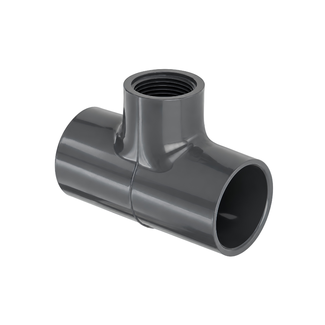 PVC 90-degree Tee Female Threaded Off-Take fitting with two solvent weld pipe connections and a female threaded branch, designed for irrigation, pool plumbing and water supply systems.
