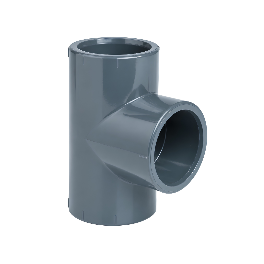 PVC Glue Tee 90-degree pipe fitting with three solvent weld socket connections, designed for joining and branching PVC pipes in irrigation, pool plumbing and water supply systems.
