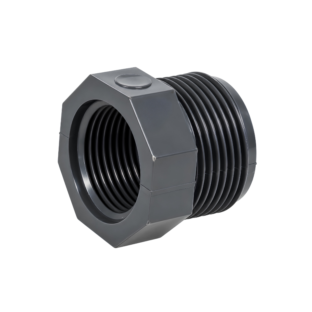 PVC reducing bush male-female threaded fitting with external male threads and smaller internal female threads, designed for connecting different pipe sizes in irrigation, pool plumbing and water supply systems.