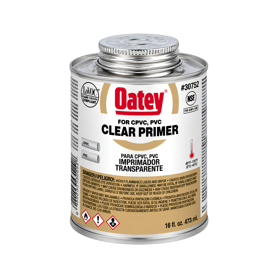 Oatey PVC Solvent Cement Cleaner and Primer 473ml container, designed for cleaning and preparing PVC and CPVC pipes and fittings before solvent cementing in plumbing, irrigation and water supply systems.