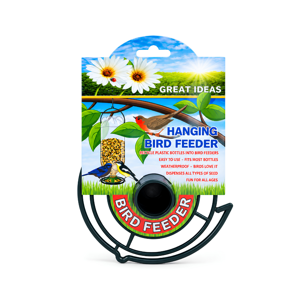 Recycled PVC bird feeder attachment for converting a 2L plastic bottle into a hanging DIY garden bird seed feeder