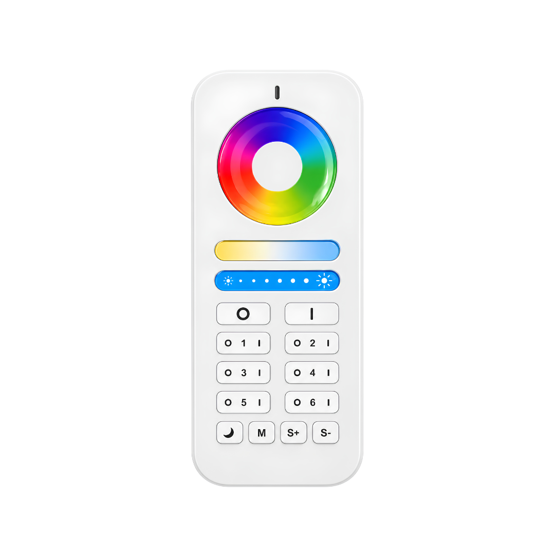 RGBW Light Controller with handheld remote, receiver and 150 Watt LED driver, designed for RGB colour-changing control of up to 6 compatible 12V DC LED lights.