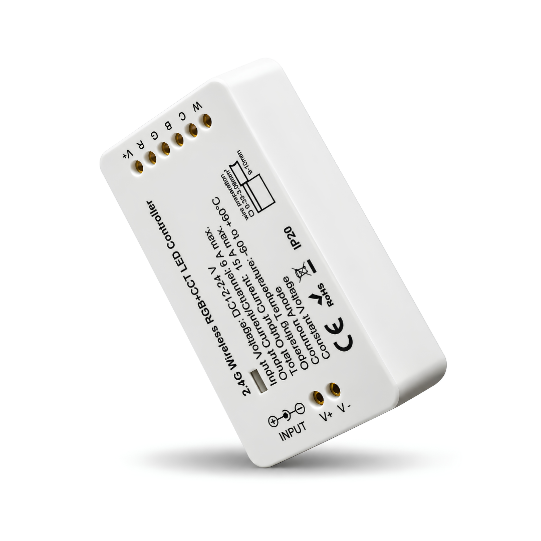RGBW Light Controller with handheld remote, receiver and 150 Watt LED driver, designed for RGB colour-changing control of up to 6 compatible 12V DC LED lights.