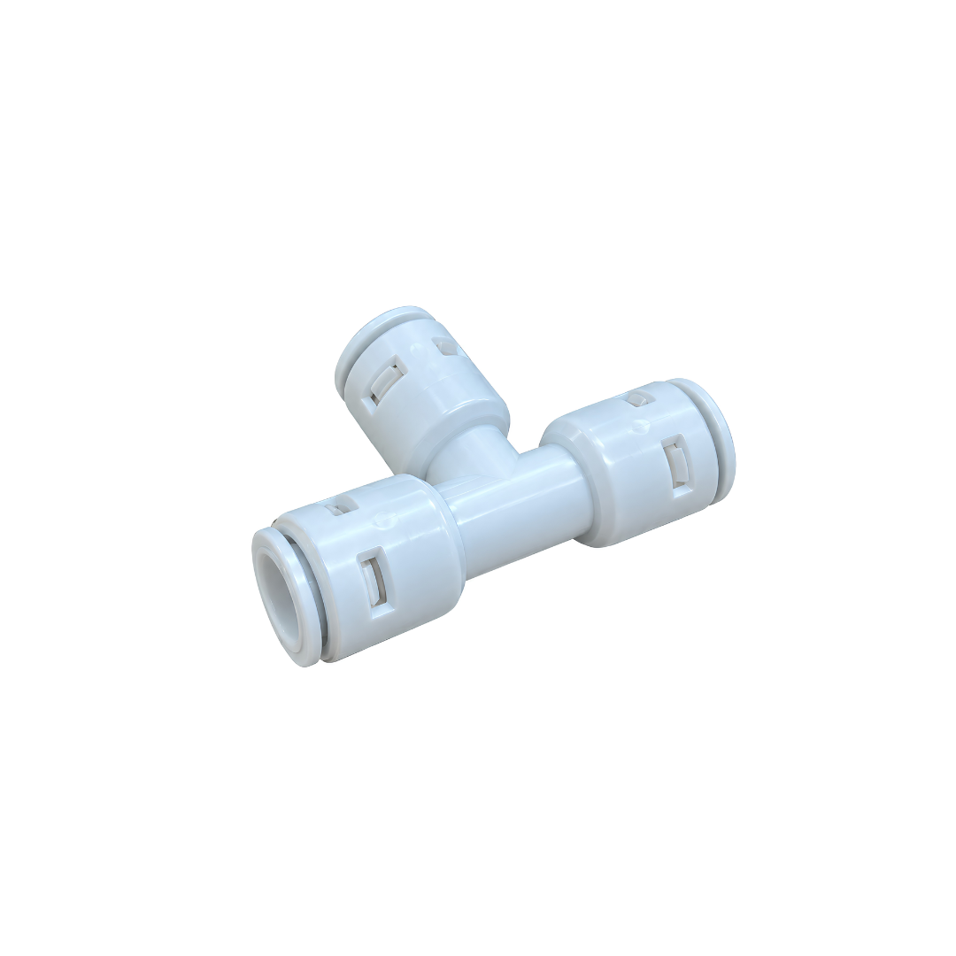 RO Tee Piece push-fit water connector with three tubing connections, designed for branching reverse osmosis water lines in filtration, misting and water purification systems.