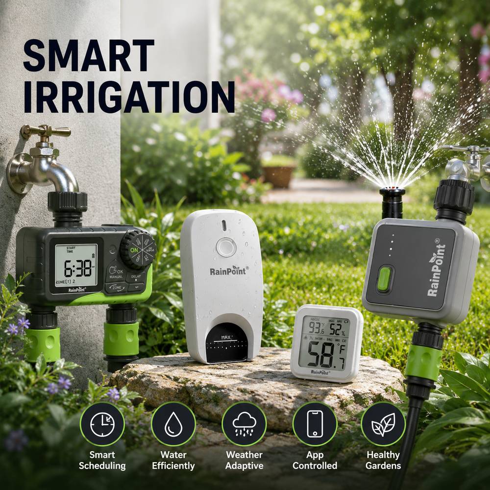 Smart rain-point irrigation system shown in a garden setting with a sprinkler spraying water, a smart timer, a weather device, and a faucet, under the headline 'SMART IRRIGATION'.