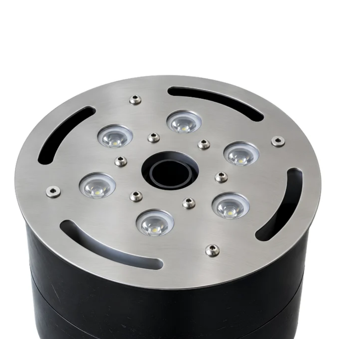 12mm stainless steel LED deck jet with 18W white 12V light and foam fountain nozzle for flush-mounted water features and fountains
