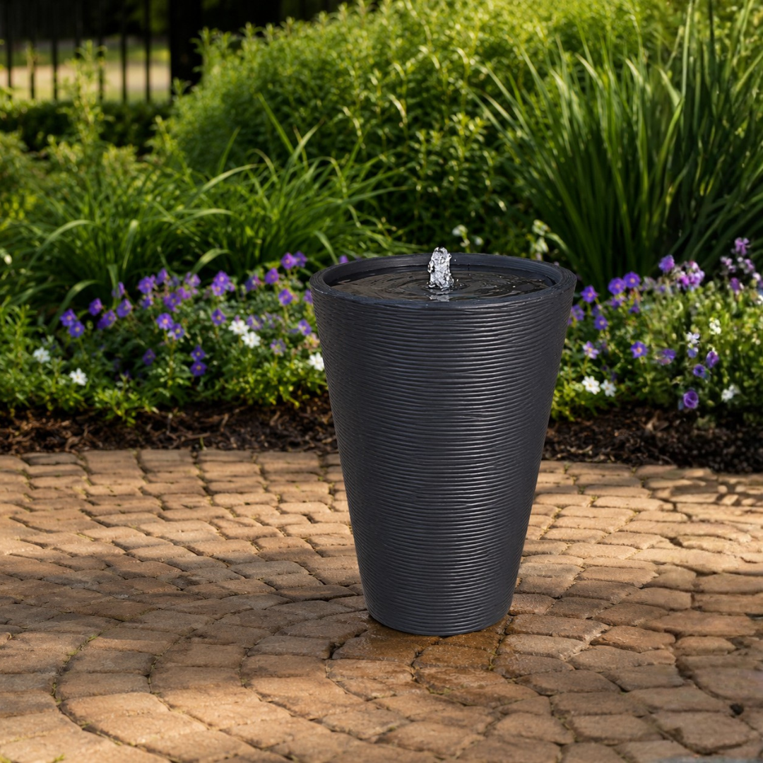 Textured Tempo contemporary outdoor water feature for gardens, patios, courtyards and landscaped spaces