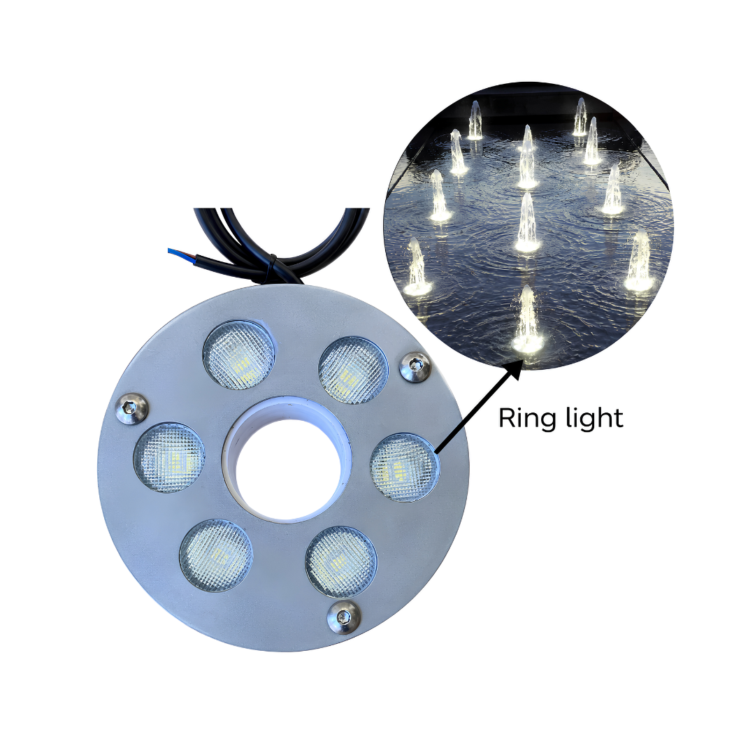 Under Water White Ring Light 9 watts with 110mm diameter, 25mm centre opening, 1-inch fountain nozzle adaptor and 1.5m cable, designed to illuminate fountain sprays and decorative water features.