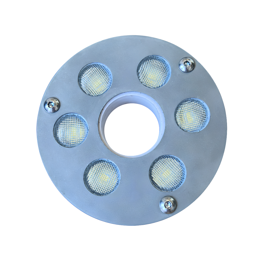 Under Water White Ring Light 9 watts with 110mm diameter, 25mm centre opening, 1-inch fountain nozzle adaptor and 1.5m cable, designed to illuminate fountain sprays and decorative water features.