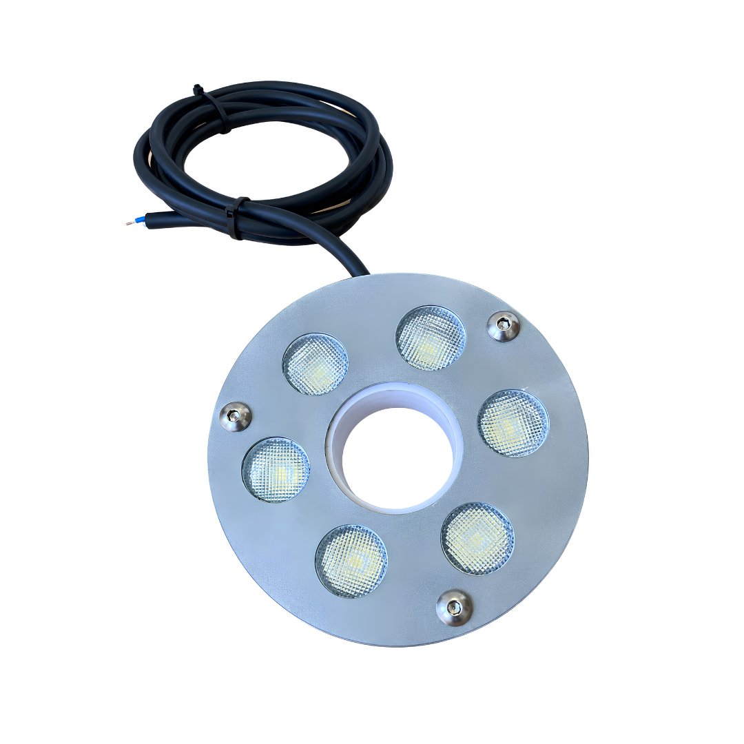 Under Water White Ring Light 9 watts with 110mm diameter, 25mm centre opening, 1-inch fountain nozzle adaptor and 1.5m cable, designed to illuminate fountain sprays and decorative water features.