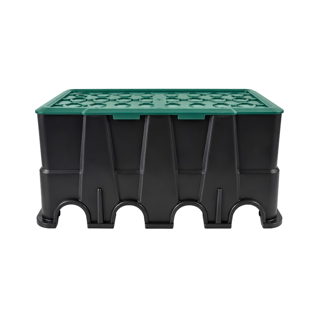 Underground irrigation valve box with removable green access lid for protecting irrigation valves and pipe fittings
