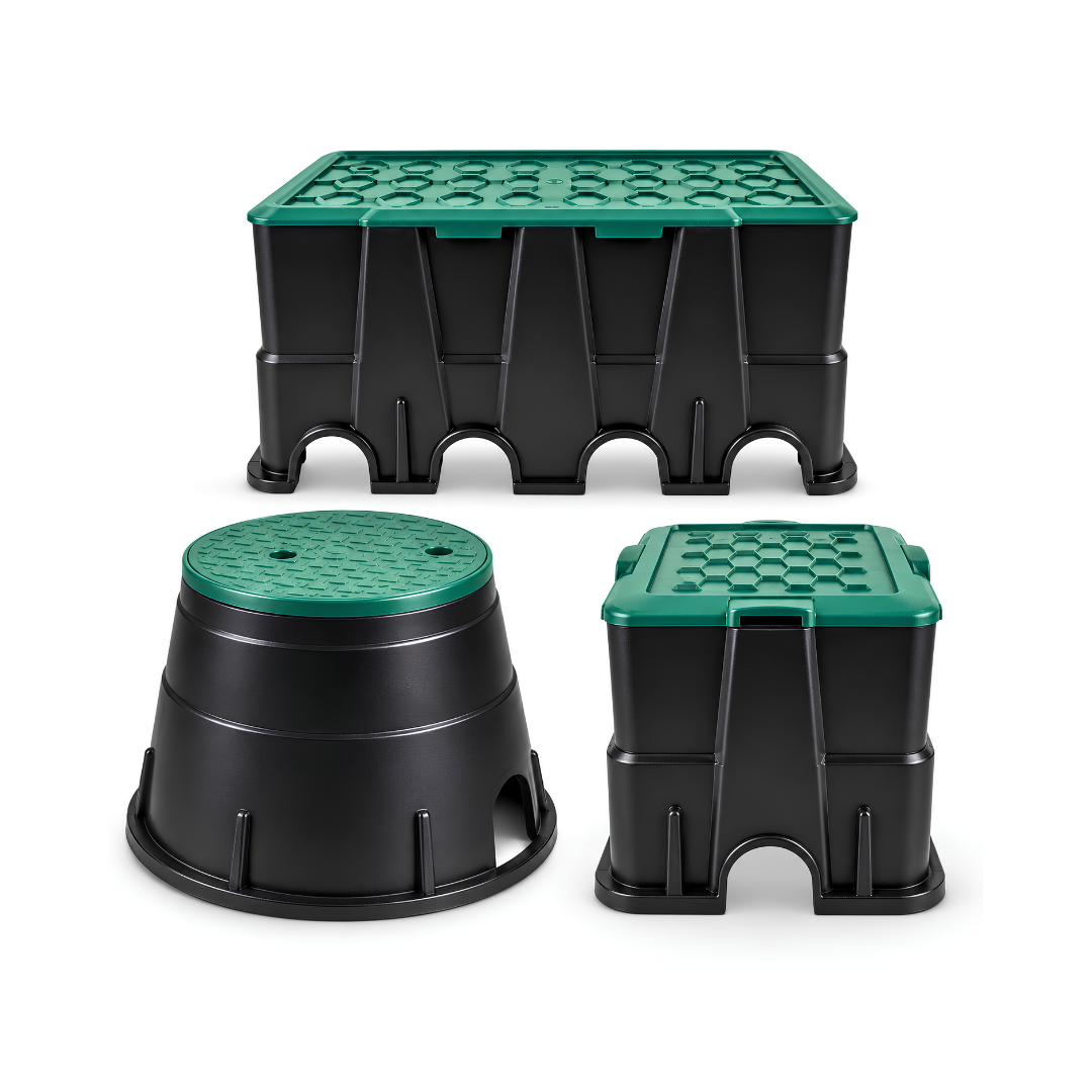 Underground irrigation valve box with removable green access lid for protecting irrigation valves and pipe fittings