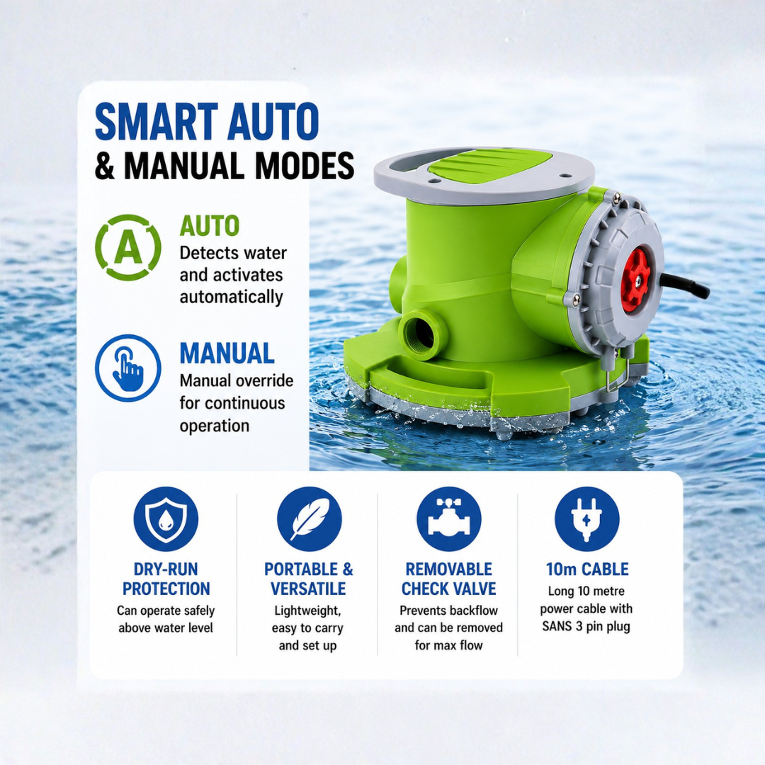 Waterhouse WD-PC 400A 400W automatic submersible drainage pump with 7,000 L/h maximum flow rate, 7m maximum head, 10m cable and automatic water-level operation for pool cover drainage, rainwater removal and household flooding.