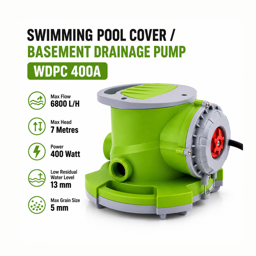 Waterhouse WD-PC 400A 400W automatic submersible drainage pump with 7,000 L/h maximum flow rate, 7m maximum head, 10m cable and automatic water-level operation for pool cover drainage, rainwater removal and household flooding.