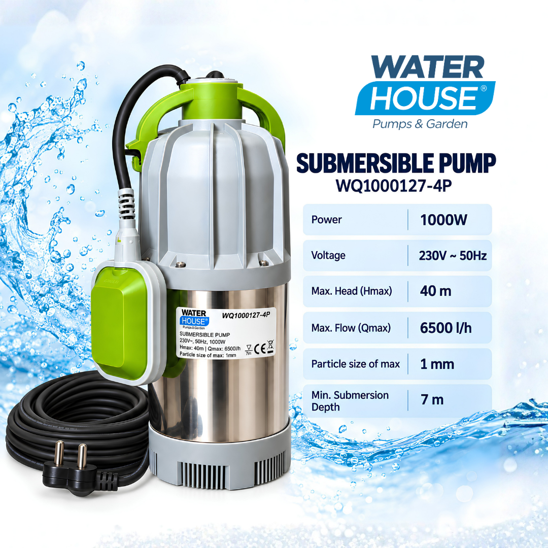 Waterhouse WQ1000127-4P 1000W submersible clean water drainage pump with 6500L/H flow and 40m max head