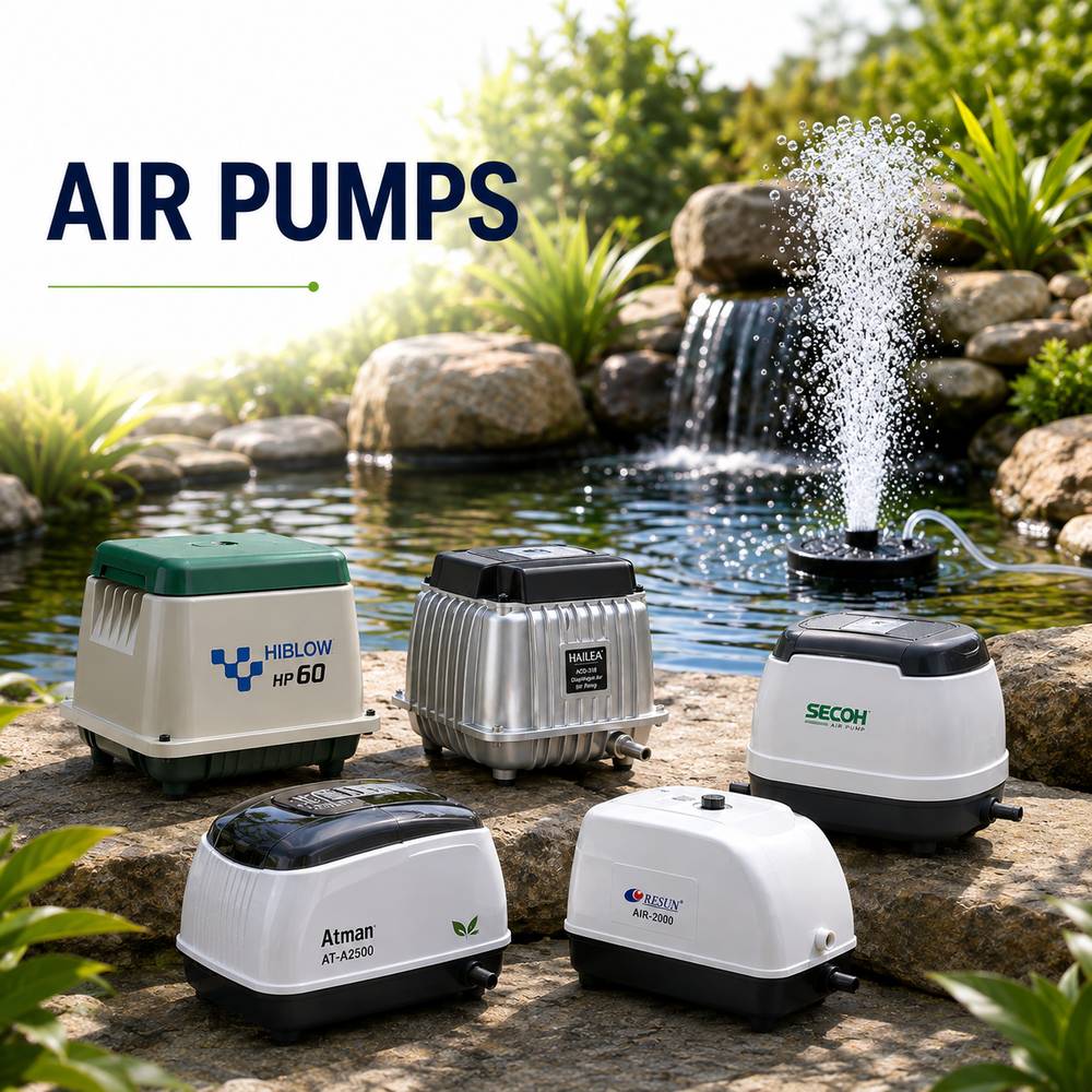 Four garden air pumps displayed outdoors on a stone ledge beside a pond, with one pump turned on and spraying bubbles into the water. Large text at the top reads “AIR PUMPS.