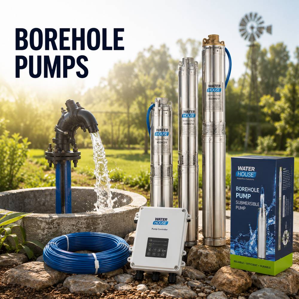 Water House borehole pump kit displayed outdoors on rocks beside a water spigot, with three stainless steel pump cylinders, a blue control box, a coiled blue hose, and the product box. Large text reads 'BOREHOLE PUMPS'.