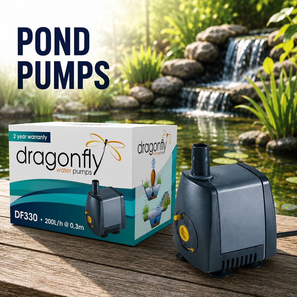 A Dragonfly pond pump shown next to its retail box on a wooden deck, with a garden pond and waterfall background. The text 'POND PUMPS' is displayed in the upper left corner.