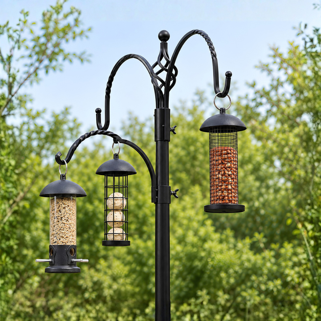 Waterhouse black metal bird feeder station stand with 3 feeder hooks, mesh feeding dish, water dish and 2 metre ground spike pole for garden birds