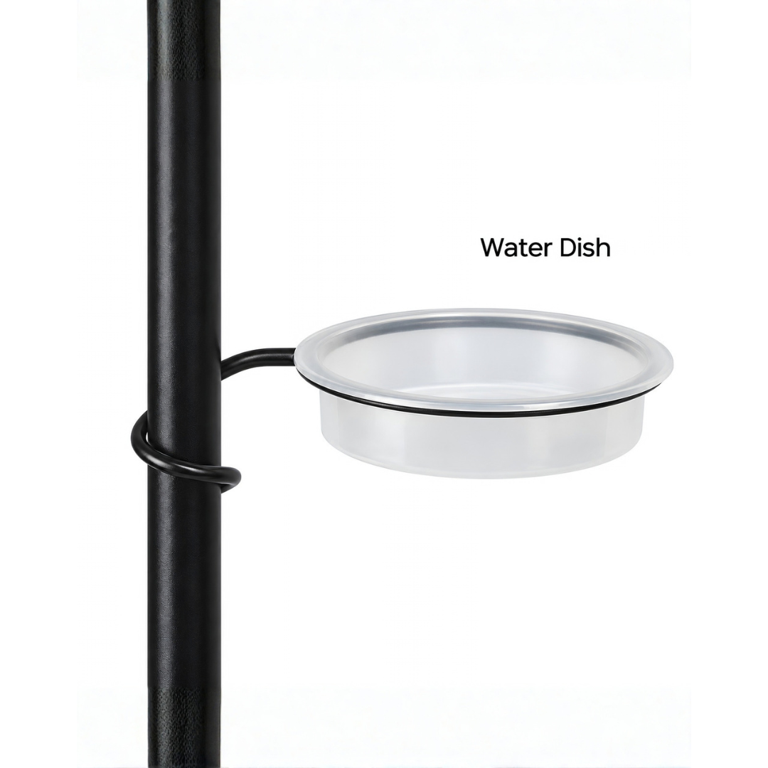 Waterhouse black metal bird feeder station stand with 3 feeder hooks, mesh feeding dish, water dish and 2 metre ground spike pole for garden birds