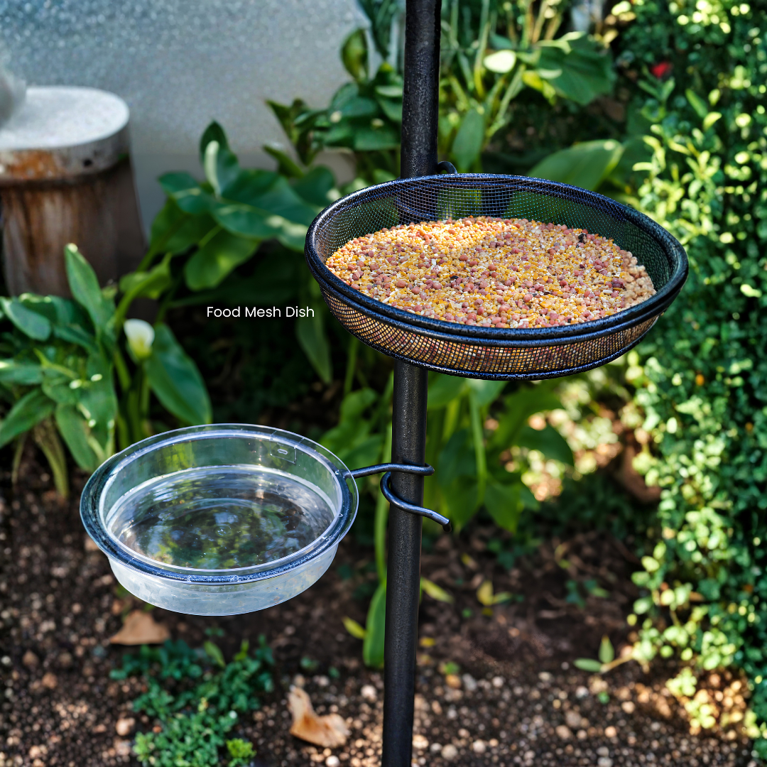 Waterhouse black metal bird feeder station stand with 3 feeder hooks, mesh feeding dish, water dish and 2 metre ground spike pole for garden birds