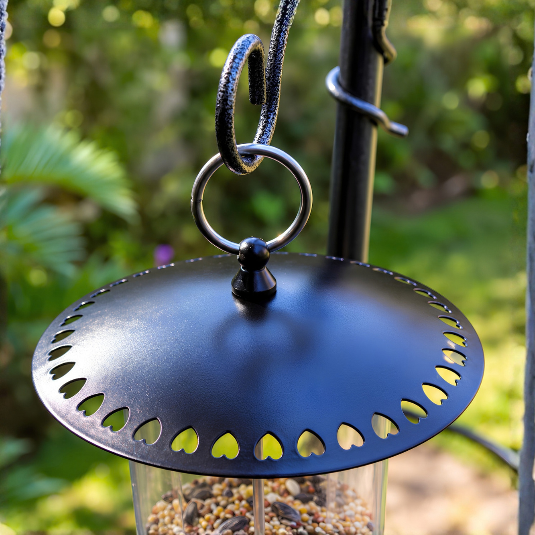 Waterhouse black heart metal bird feeder with decorative heart-shaped lid details and durable seed compartment for feeding garden birds