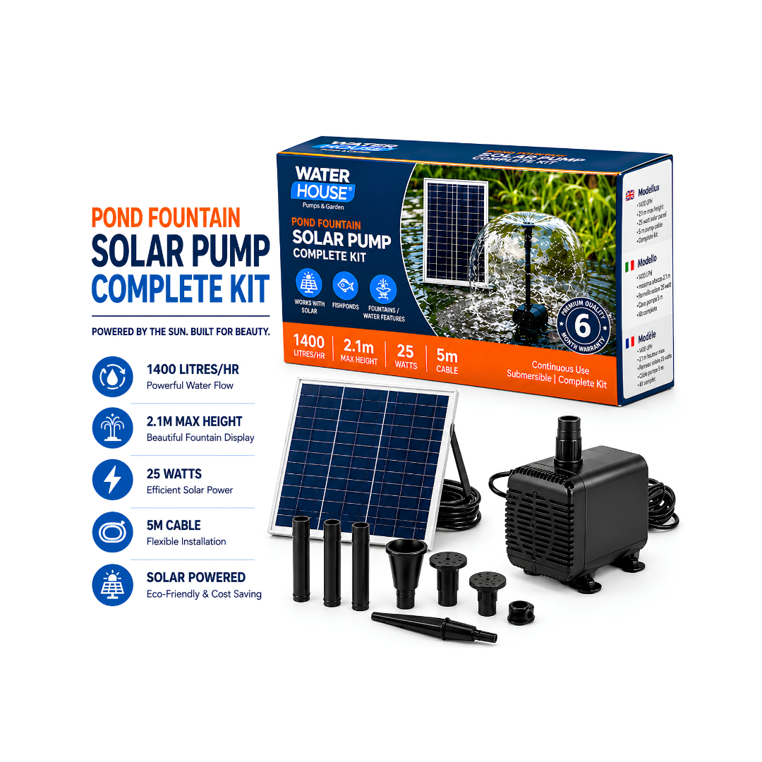Waterhouse Solar Pond and Fountain Pump Kit 1400L/H with 25W solar panel, 18V 10W submersible fountain pump, two interchangeable fountain nozzles and extension pipes for garden ponds and outdoor water features.