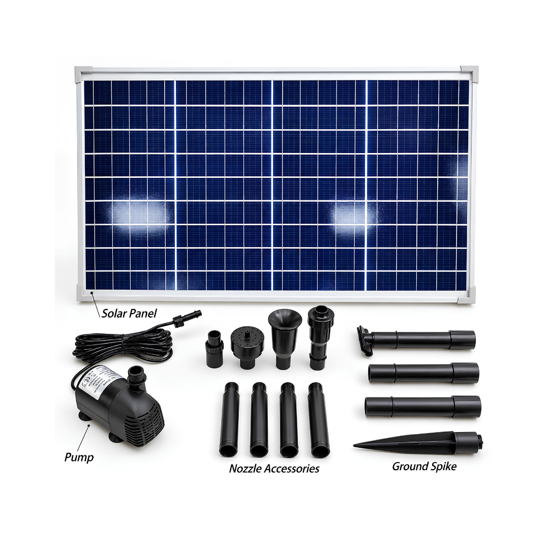 Waterhouse Solar Pond and Fountain Pump Kit 1800L/H with 40W solar panel, 18V 20W submersible fountain pump, three interchangeable fountain nozzles and extension pipes for garden ponds and outdoor water features.