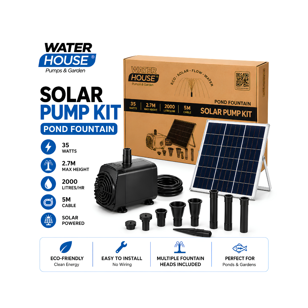 Waterhouse Solar Pond and Fountain Pump Kit 2000L/H with 35W solar panel, 18V 17W submersible fountain pump, adjustable water flow, dry run protection and two interchangeable fountain nozzles for garden ponds and outdoor water features.