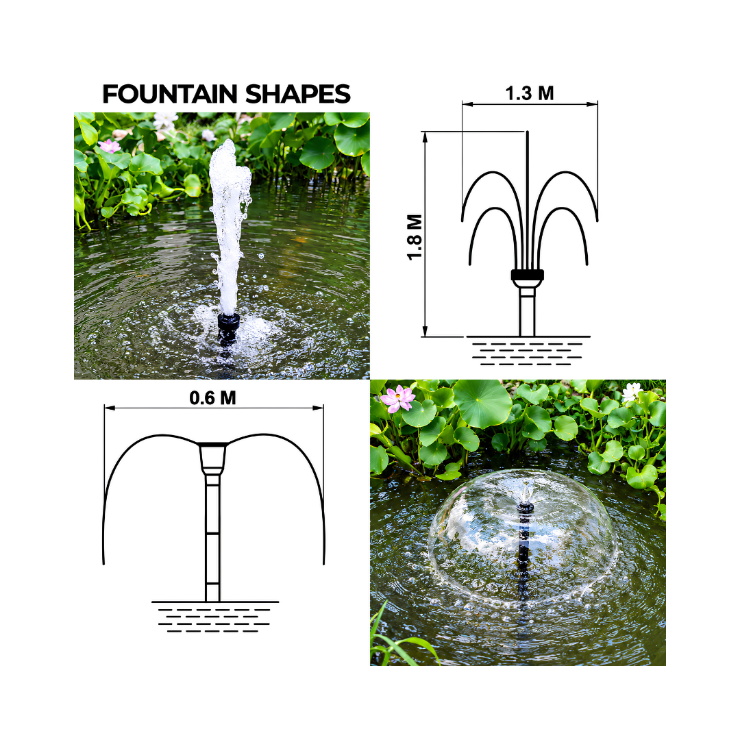 Waterhouse Solar Pond and Fountain Pump Kit 2000L/H with 35W solar panel, 18V 17W submersible fountain pump, adjustable water flow, dry run protection and two interchangeable fountain nozzles for garden ponds and outdoor water features.