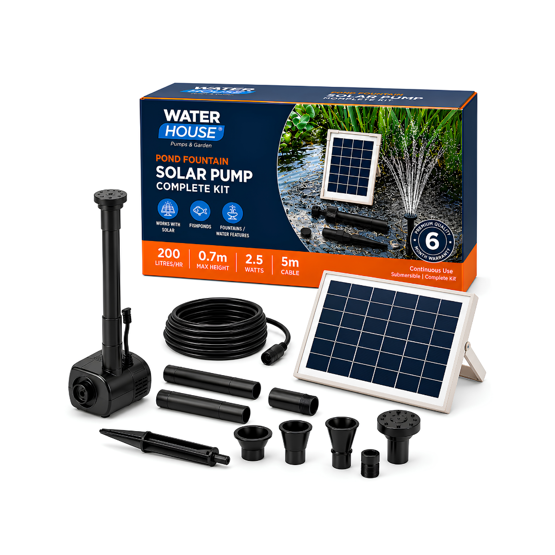 Waterhouse Solar Pond and Fountain Pump Kit 200L/H with 2.5W solar panel, 6V submersible water pump, adjustable flow, fountain nozzles and mounting accessories for small garden ponds and water features.