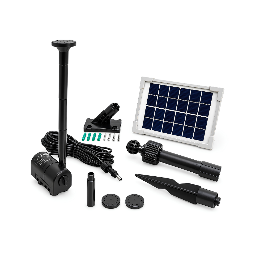 Waterhouse Solar Pond and Fountain Pump Kit 200L/H with 2.5W solar panel, 6V submersible water pump, adjustable flow, fountain nozzles and mounting accessories for small garden ponds and water features.
