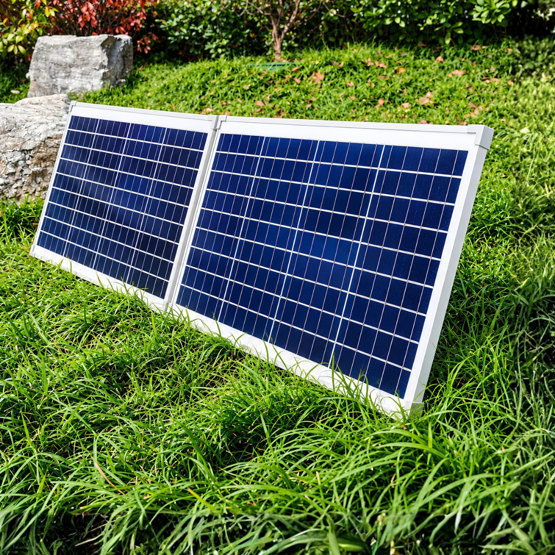Waterhouse Solar Pond and Fountain Pump Kit 5200L/H with two 50W solar panels providing 100W total solar power, 18V 50W submersible water pump, 5m cable and ground spikes for garden ponds, spray fountains and outdoor water features.