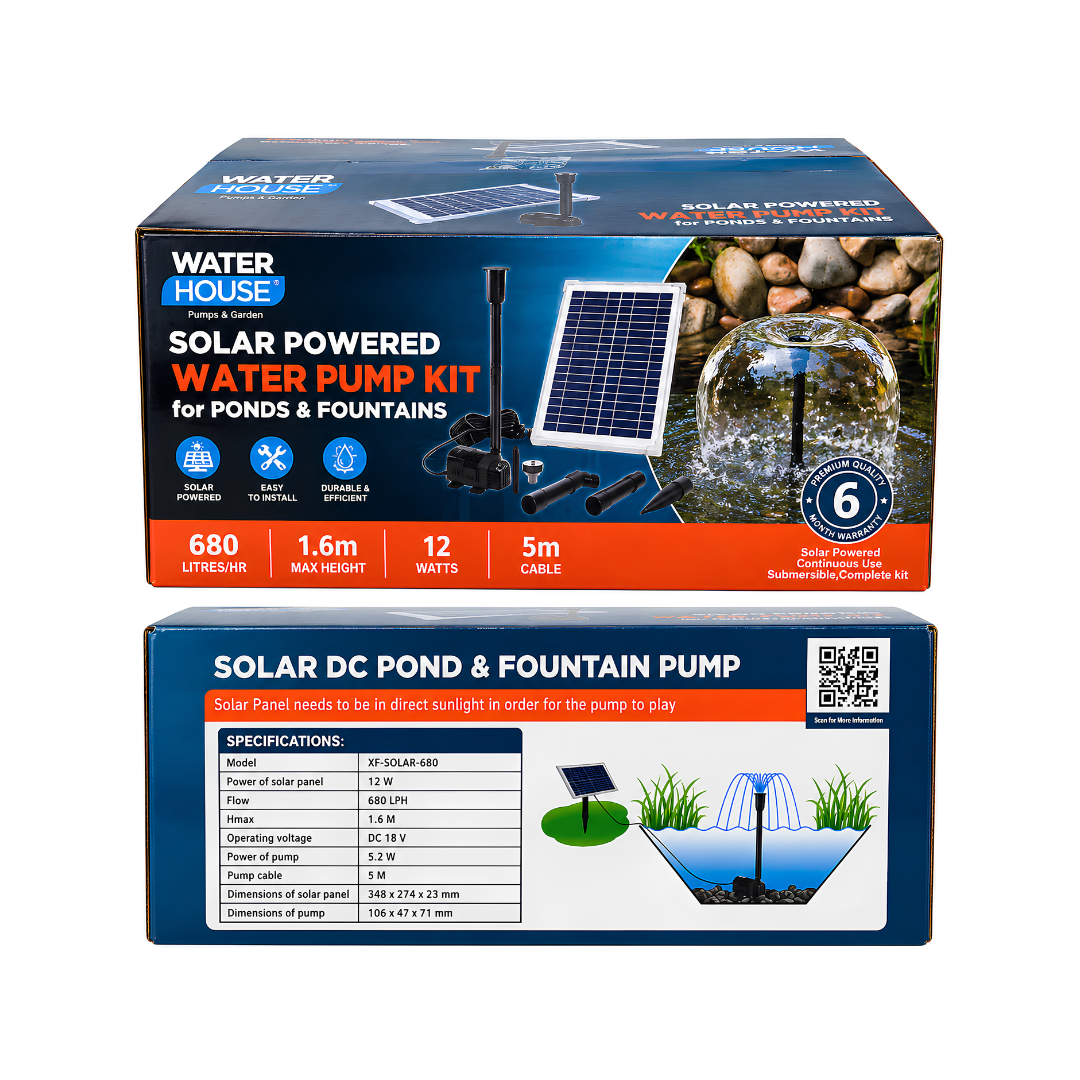 Waterhouse Solar Pond and Fountain Pump Kit 680L/H with 12W solar panel, 18V submersible fountain pump, adjustable water flow, interchangeable fountain nozzles and mounting accessories for garden ponds and outdoor water features.