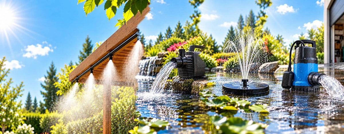 Waterhouse pond pump, solar fountain and drainage pump in a sunny garden pond
