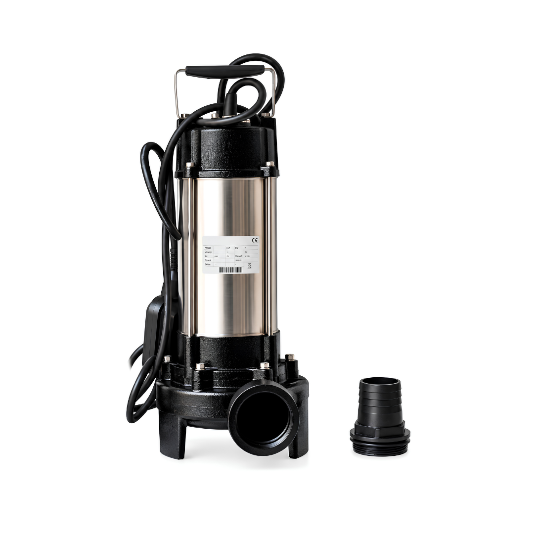 1.3kW Dirty Water Submersible Pump with 12m maximum head height, 2-inch outlet, automatic float switch, 10m power cable and 43mm solids handling for household and industrial drainage.