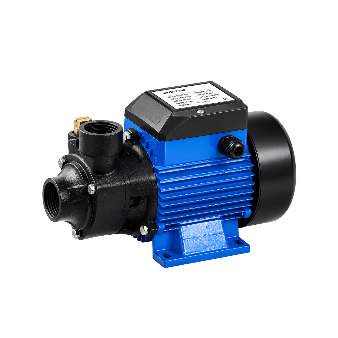 12V DC Solar Booster Pump with 180W motor, 1500 L/h maximum flow, 15m maximum head, brass impeller and cast iron housing for off-grid water transfer, garden irrigation and livestock watering.