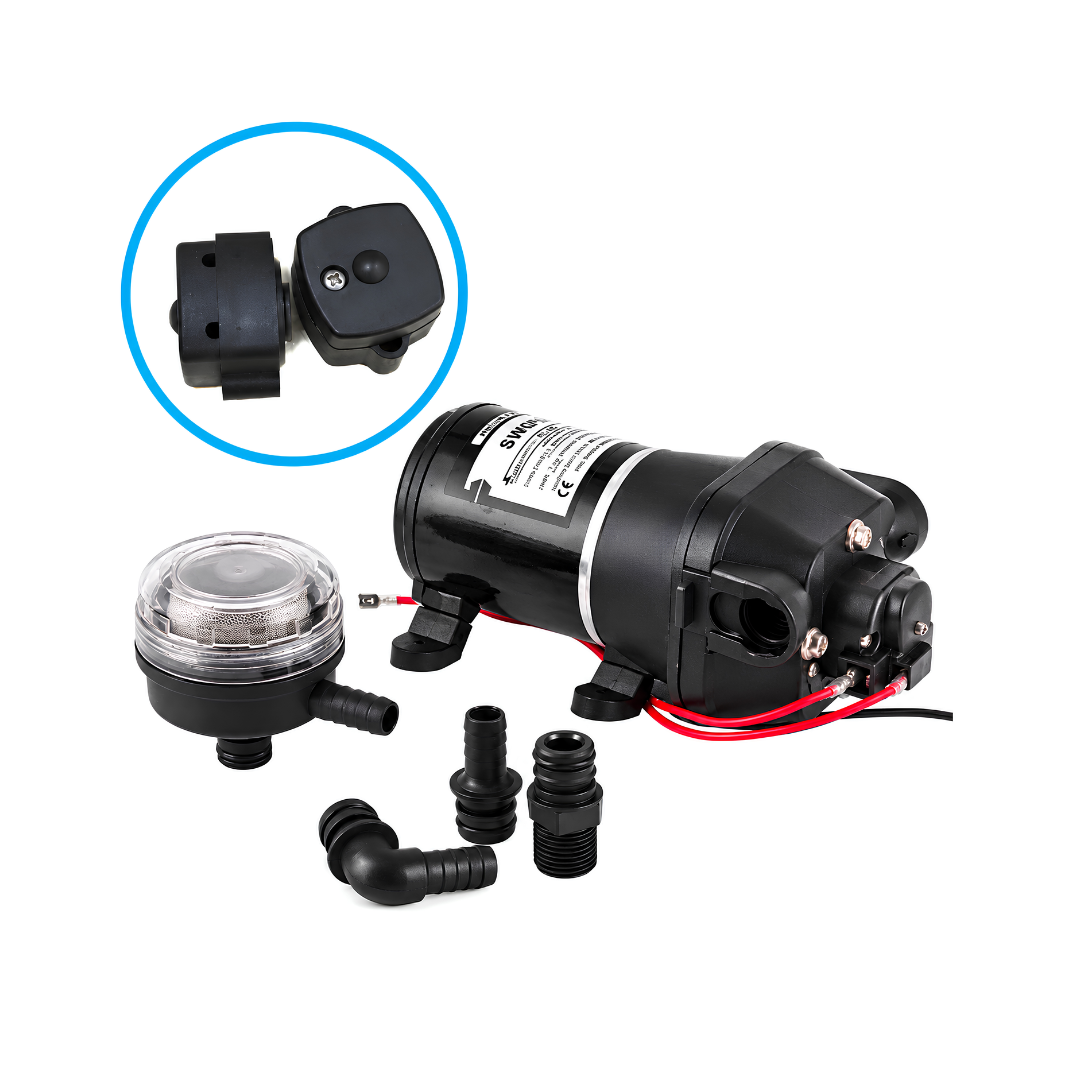 FL35 35 PSI automatic pressure control switch for compatible 12V DC diaphragm water pumps, designed to start and stop the pump automatically when water taps or valves are opened and closed.
