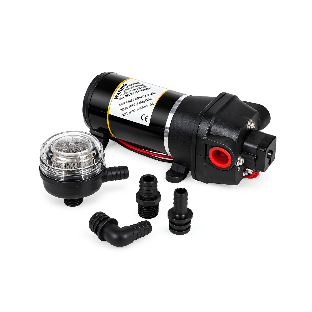 12 Volt Water System Pump XC SP003 FL40 with 17 L/min maximum flow rate, 40 PSI automatic pressure switch and self-priming design for caravans, boats, camper vans and off-grid water supply systems.